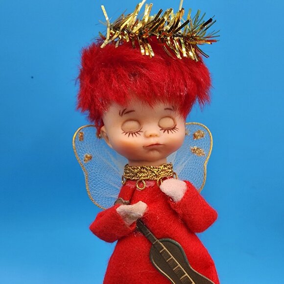 Vintage 1950s Napco Red Hair Pixie Angel Ornament Felt Elf Japan Tinsel Guitar - Picture 4 of 9